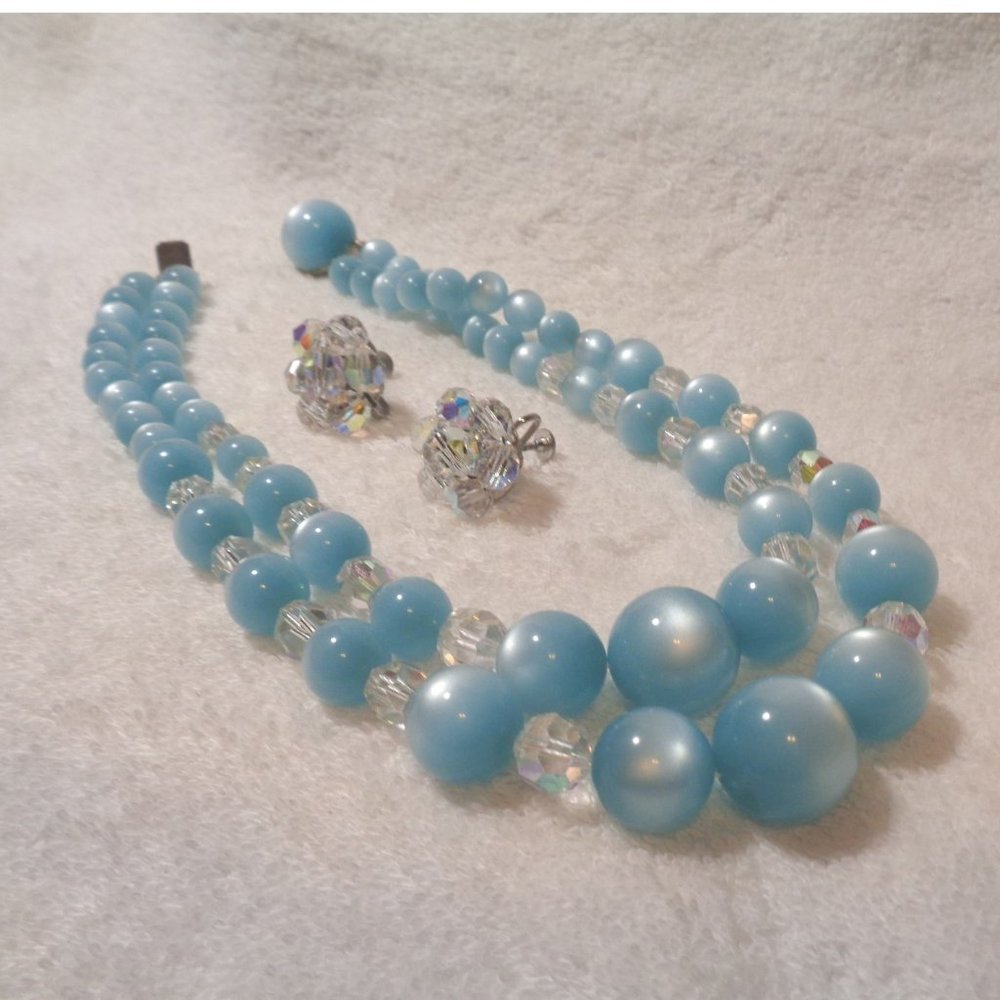 Elegant Double Strand Sky Blue Moon Glo Bead Necklace with Er's.